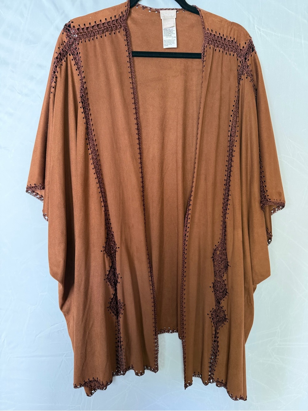 Chico’s Boho Open Front Kimono Cardigan | Crochet Trim Ruana Wrap